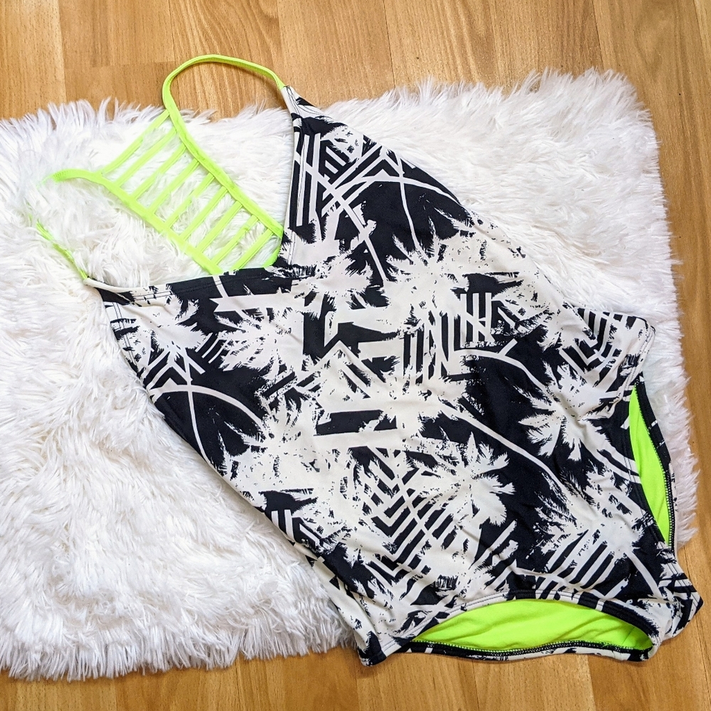 Black, White, and Green Palm tree One Piece Swim